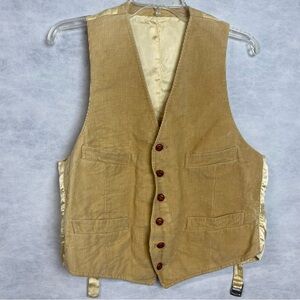 Vintage 70s Corduroy Mens Vest Tan Satin Back & Button Front Pockets Medium